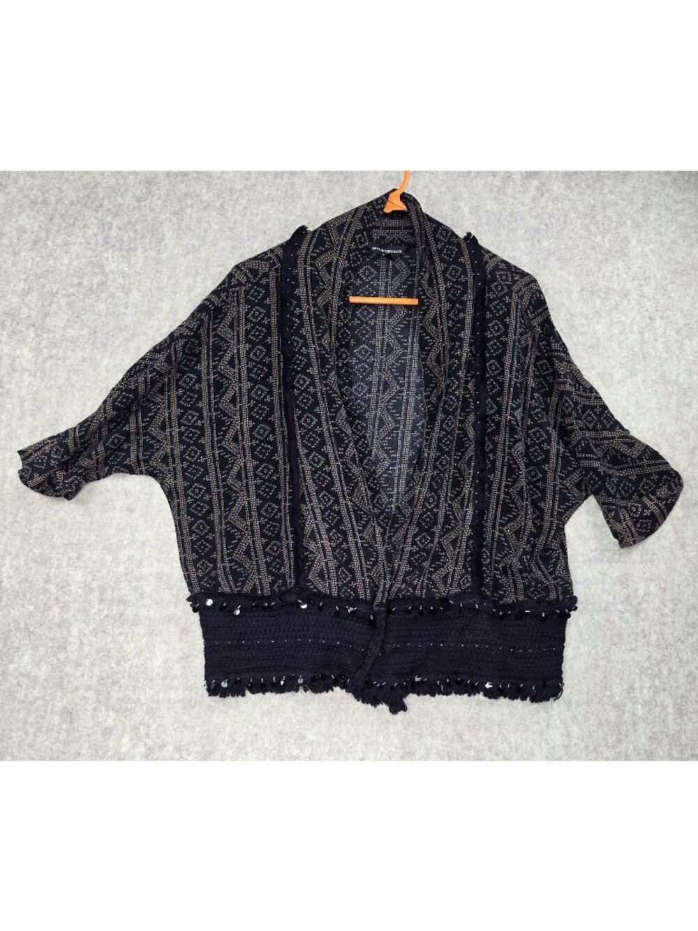 Rock & Republic Beaded Fringe Open Cardigan Black Metallic Boho Knit Lightweight